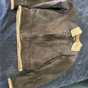 Cabela's Brown Leather Bomber Jacket with Shearling Trim